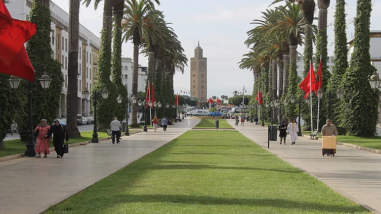 La photo montre la magnifique avenue Mohammed V, dans le centre-ville de Rabat, bordée de palmiers et d'espaces verts, avec en arrière-plan le minaret caractéristique de la mosquée Assounna.