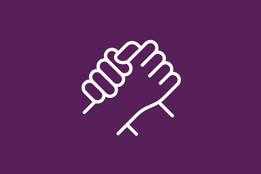 L'icône FES représente deux mains entrelacées (une poignée de main) sur un fond violet.